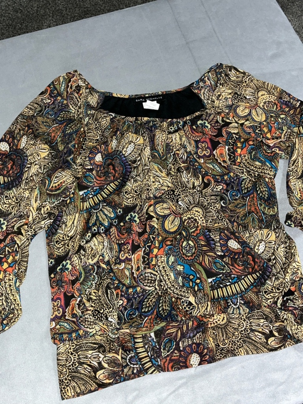 Sara Michelle Paisley boho blouse multi color 3/4” sleeves peasant top Small